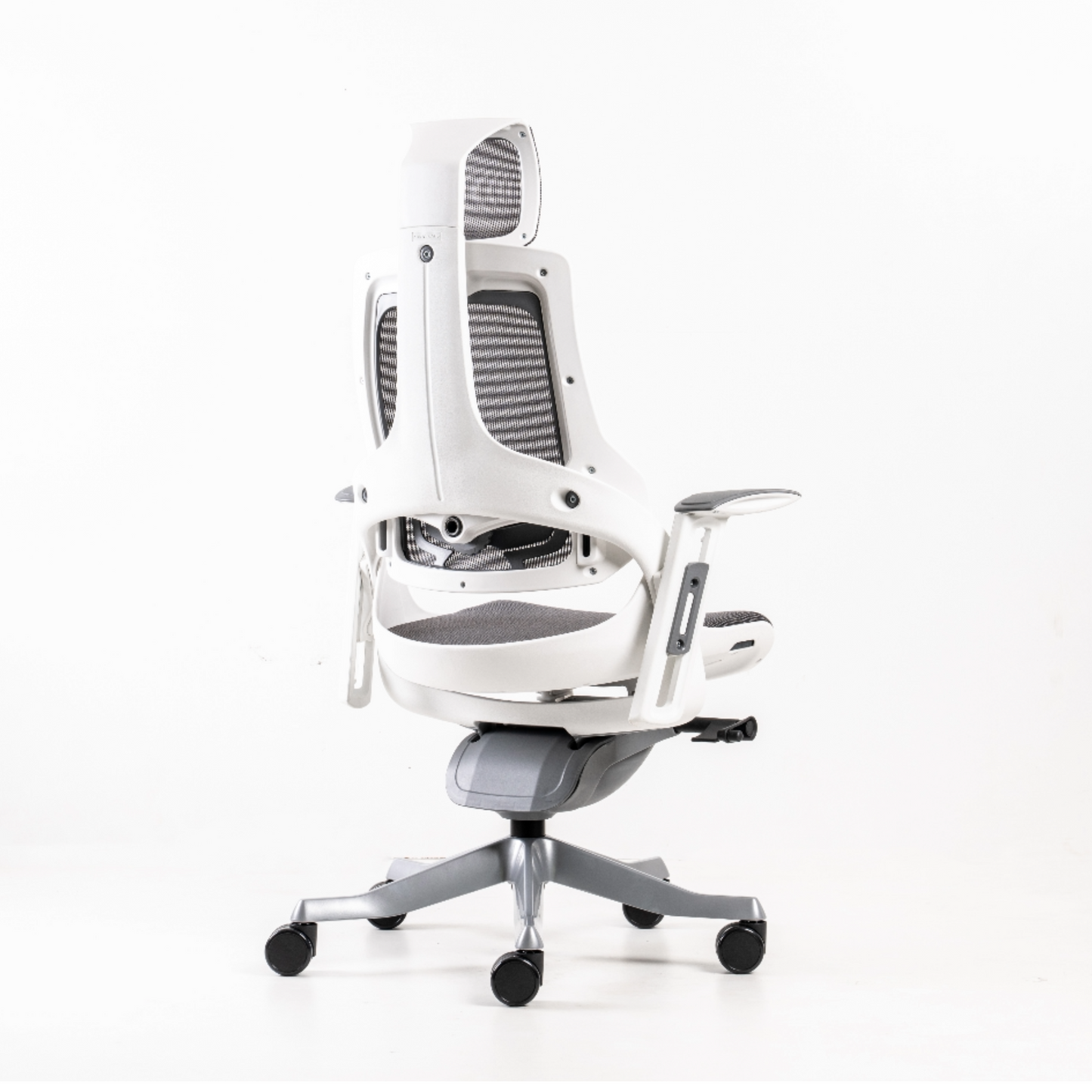 Backrest: Adjustable for Height and Lumbar Depth: White or black outer shell, grey inner shell, lumbar knob and caps of polypropylene (100% recyclabel). Back frame in white fiber-reinforced polypropylene (100% recyclable).