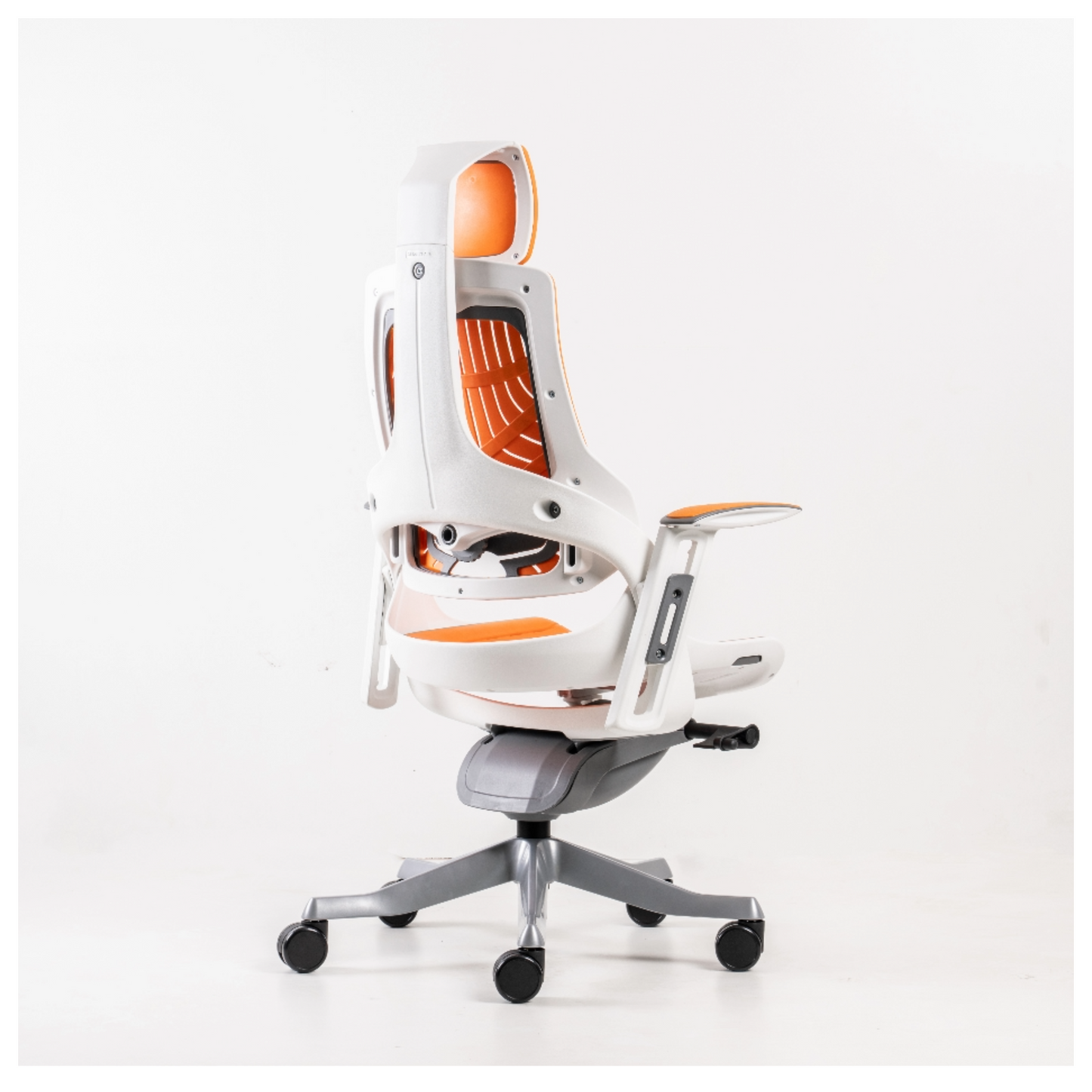 Backrest: Adjustable for Height and Lumbar Depth: White or black outer shell, grey inner shell, lumbar knob and caps of polypropylene (100% recyclabel). Back frame in white fiber-reinforced polypropylene (100% recyclable).