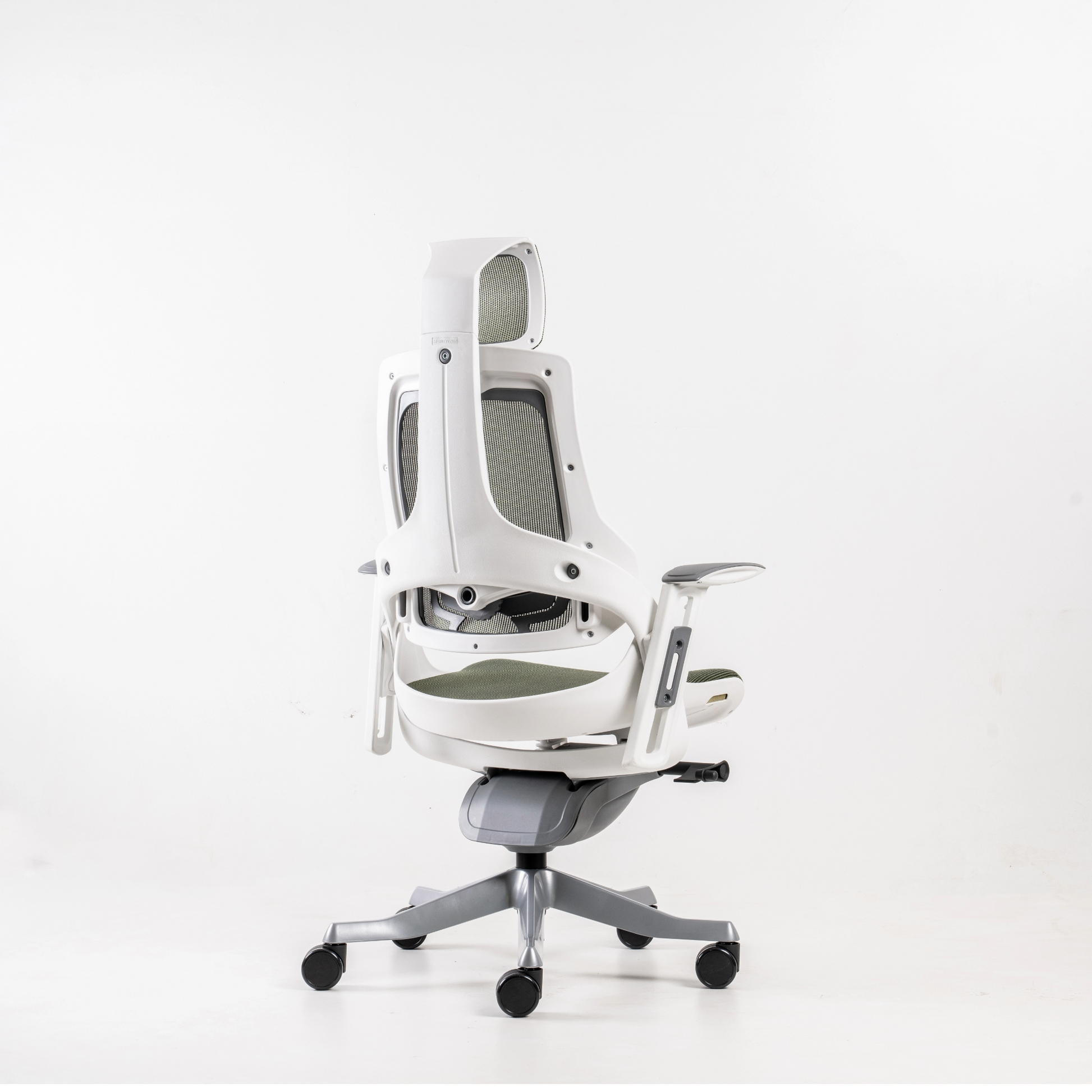 Backrest: Adjustable for Height and Lumbar Depth: White or black outer shell, grey inner shell, lumbar knob and caps of polypropylene (100% recyclabel). Back frame in white fiber-reinforced polypropylene (100% recyclable).