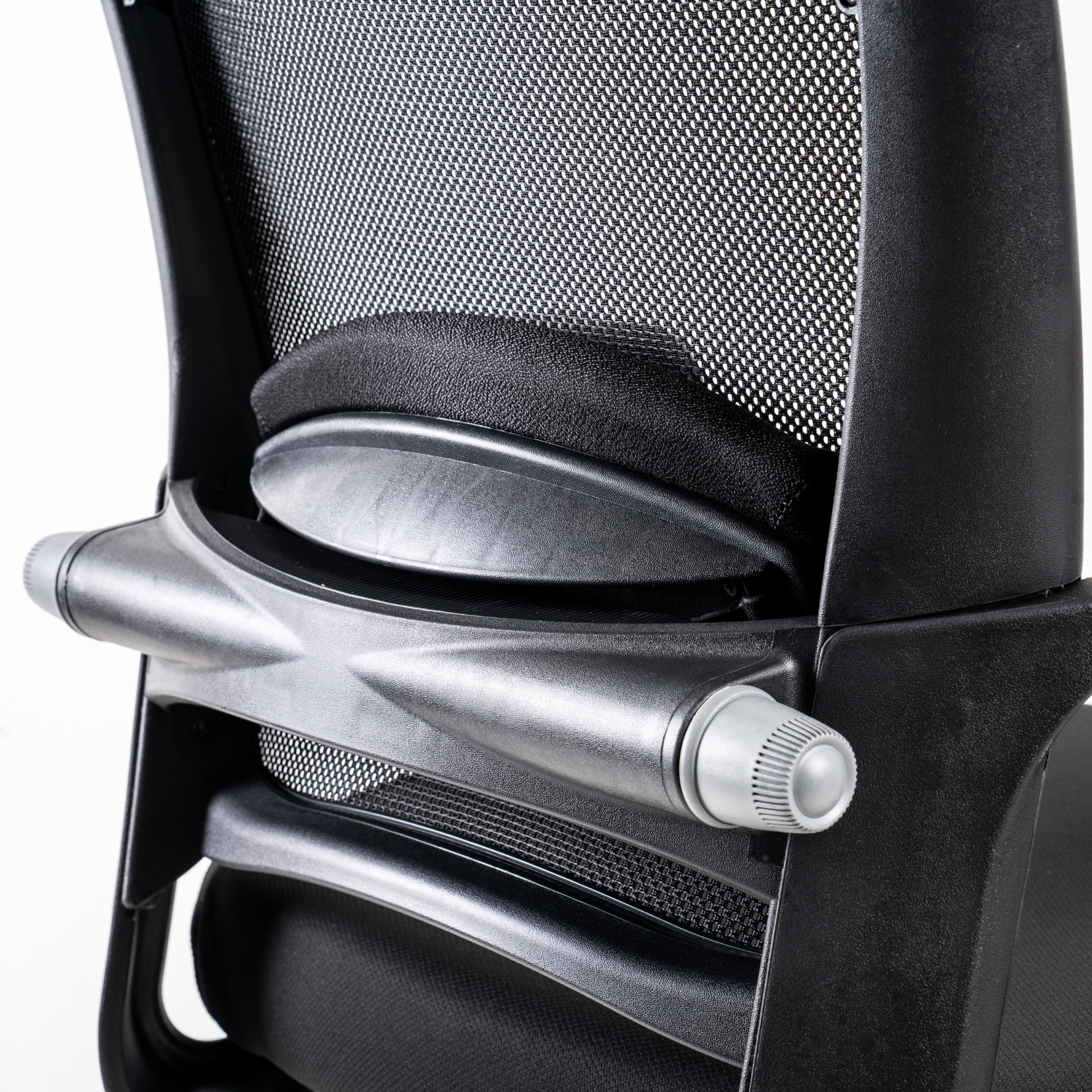 Lumbar Support Pad Lumbar support can be conveniently  adjusted by side knobs, without getting  up from chair, to customize the exact  support for various spinal shapes.