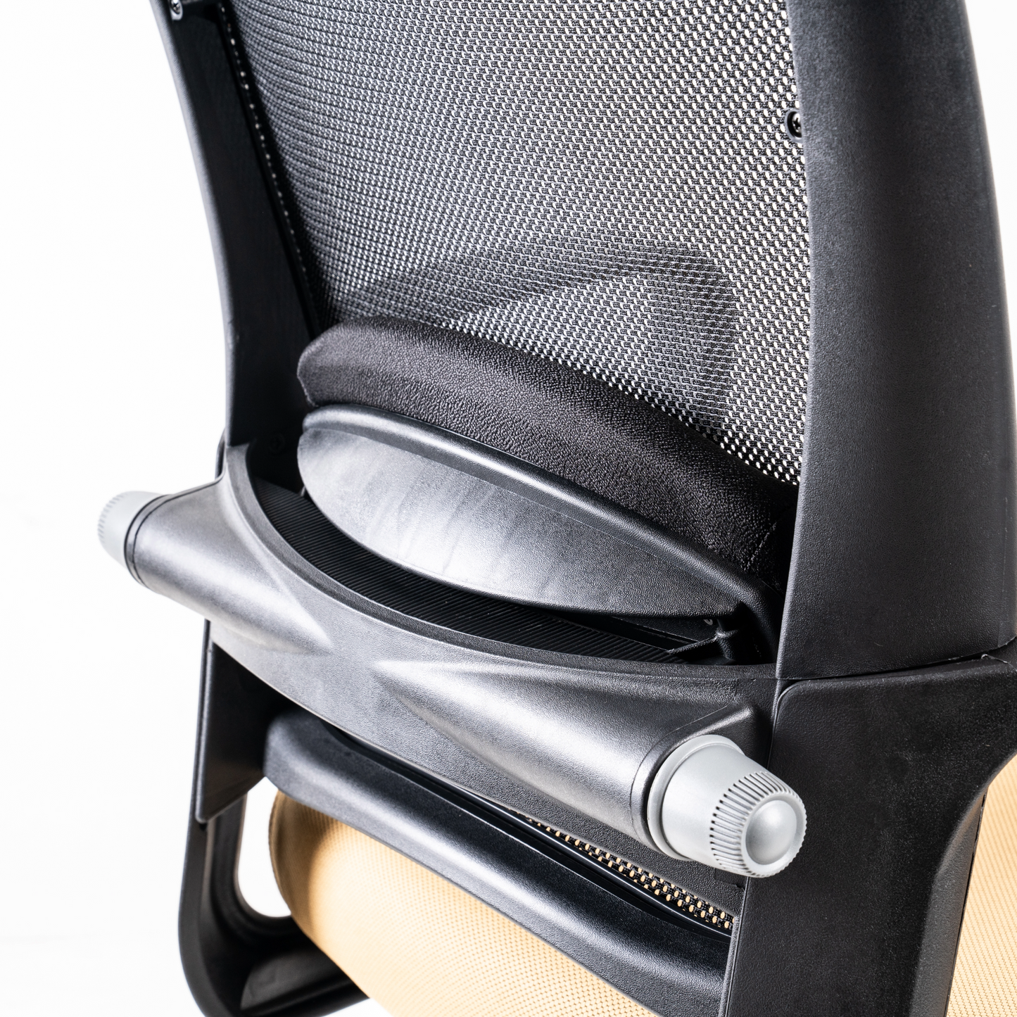 Lumbar Support Pad Lumbar support can be conveniently  adjusted by side knobs, without getting  up from chair, to customize the exact  support for various spinal shapes.