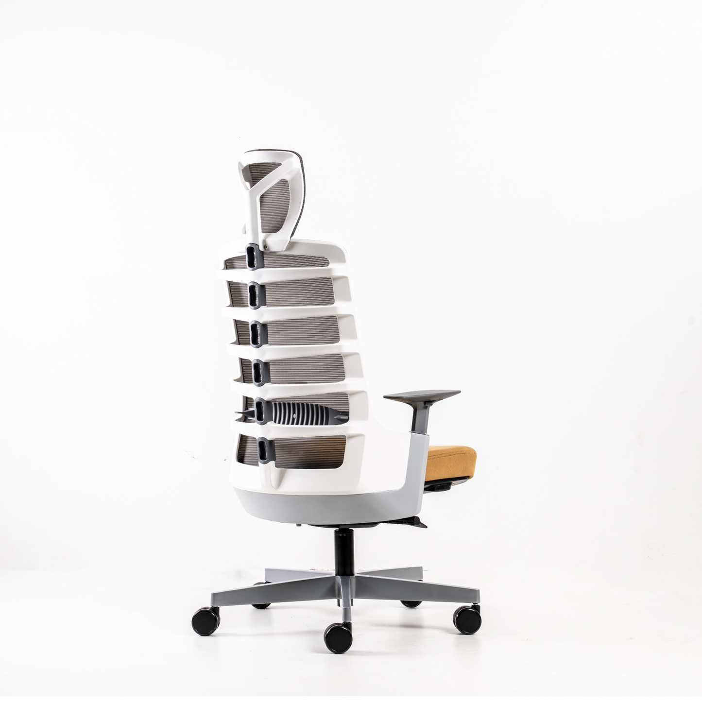 Backrest: Height-adjustable lumbar support  with a range of 55mm.Polypropylene  (100% recyclable) frame in black or  white colour option.