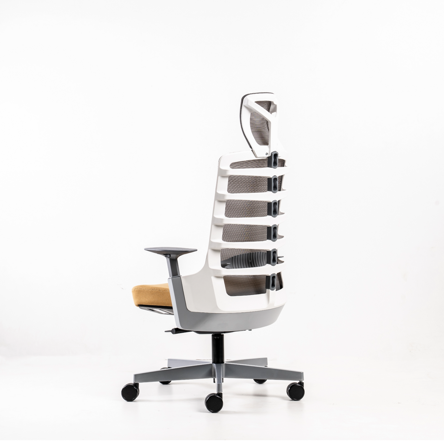 Backrest: Height-adjustable lumbar support  with a range of 55mm.Polypropylene  (100% recyclable) frame in black or  white colour option.